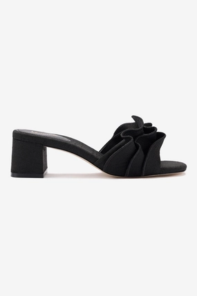 Brigitte Ruffle Mule In Black Raffia Silky Interior Rain Light Balanced Weight Distribution