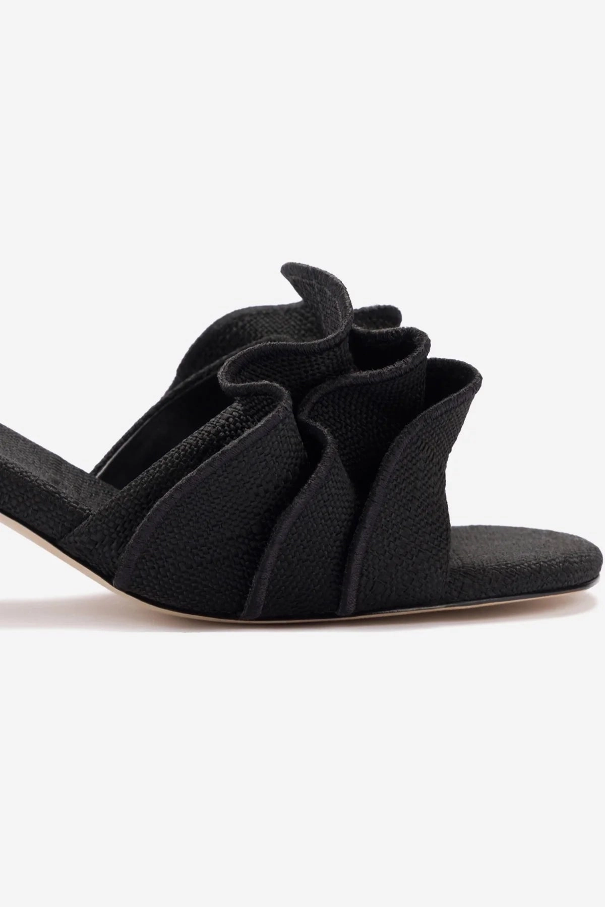 Brigitte Ruffle Mule In Black Raffia Silky Interior Comfortable fit