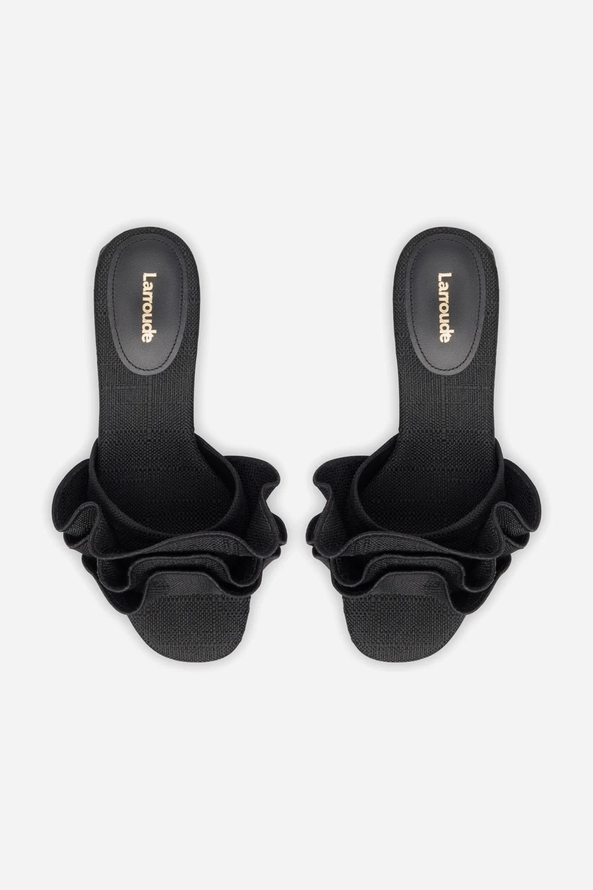 Brigitte Ruffle Mule In Black Raffia Silky Interior Comfortable Travel