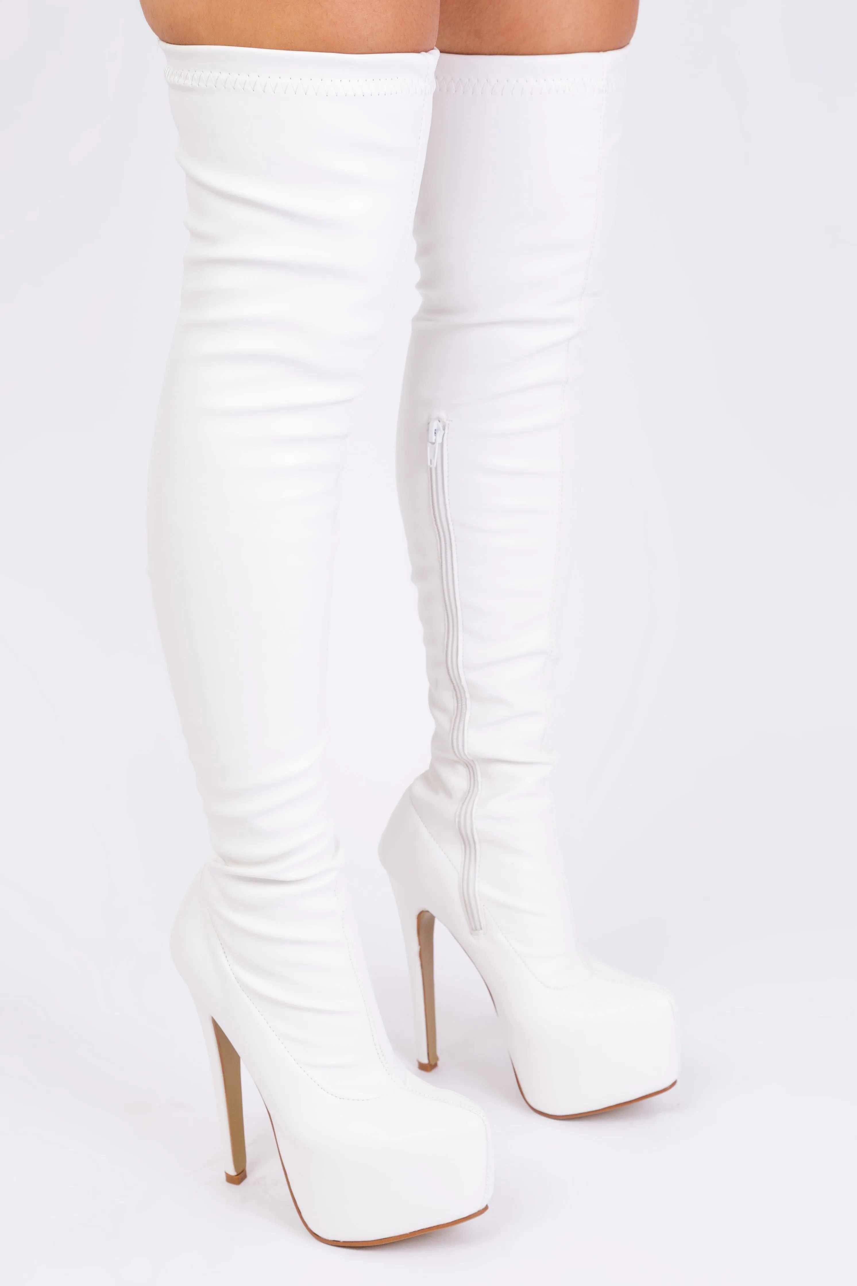 BRINLEY HIGH HEEL OVER THE KNEE BOOTS IN WHITE FAUX LEATHER