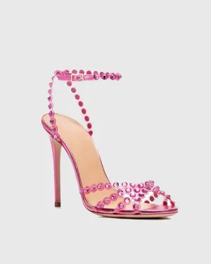 Cameo Rhinestone Embellished PVC Strap Sandals In Hot Pink