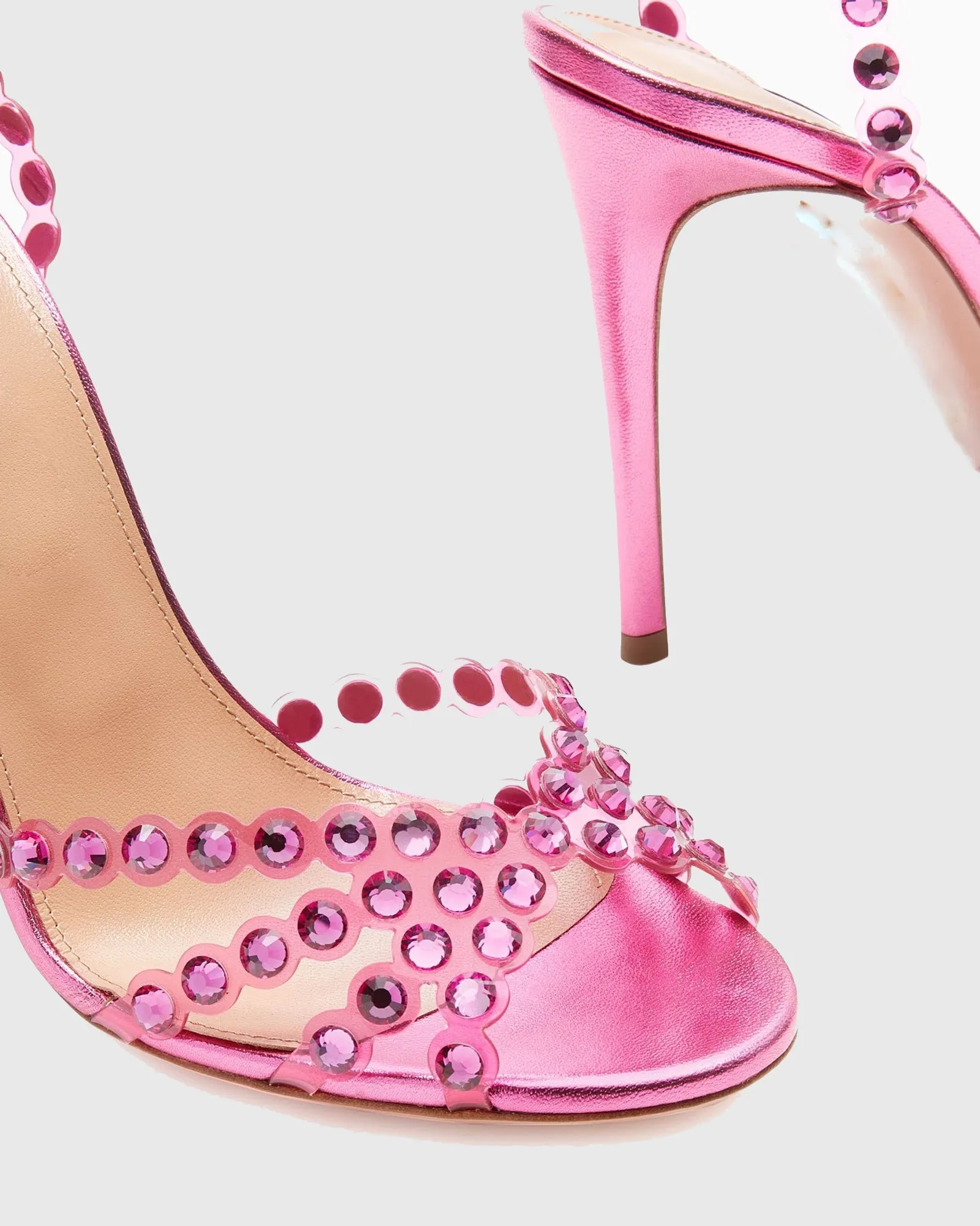 Cameo Rhinestone Embellished PVC Strap Sandals In Hot Pink