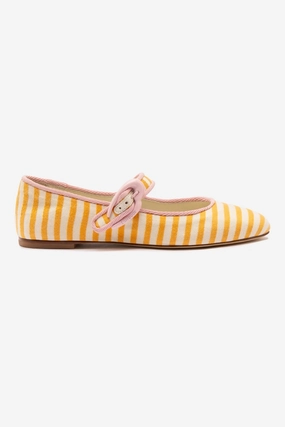 Cozy Feel Footwear Verona Ballet Flat In Marigold and Natural Striped Fabric and Tulip Trimming