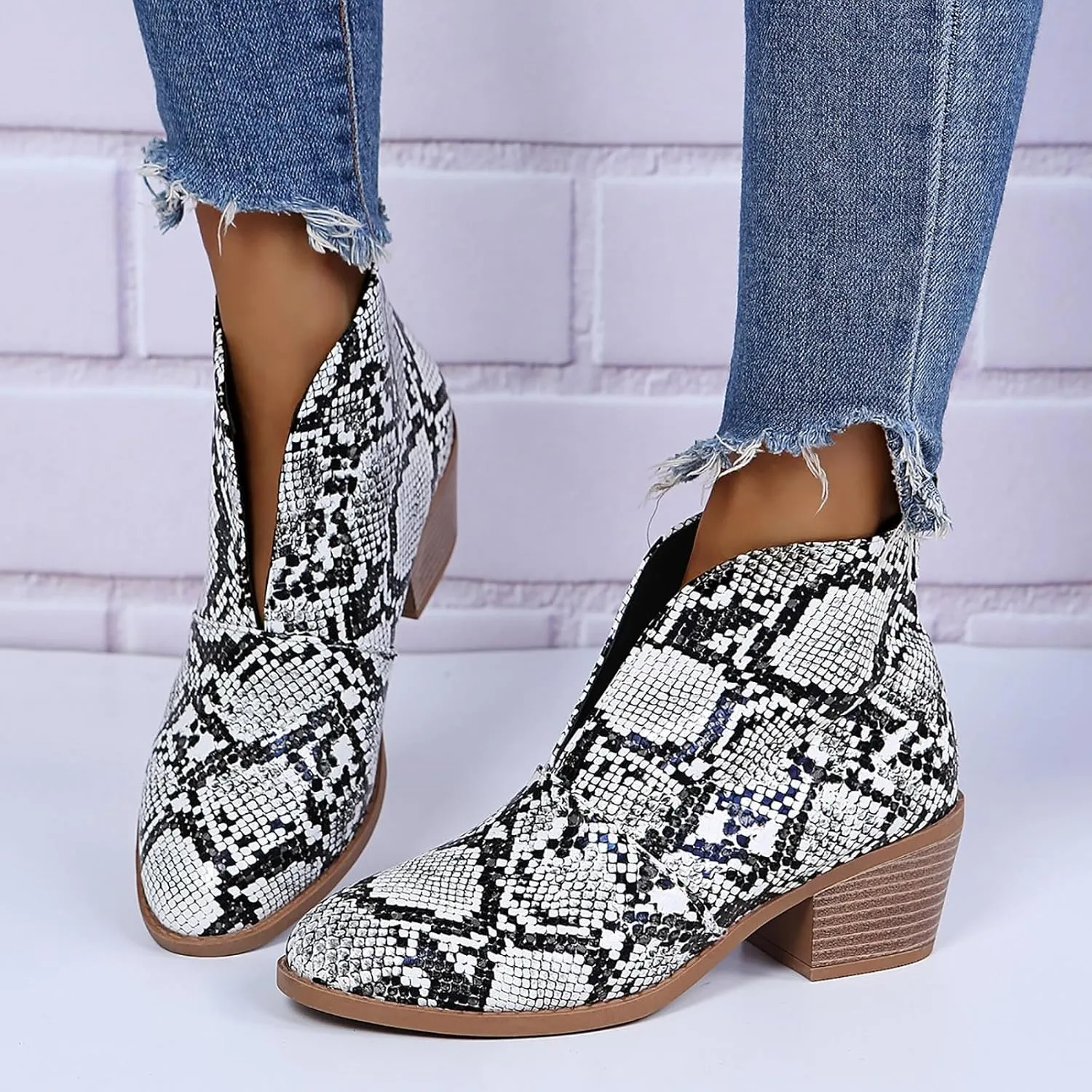 Cathalem Ankle Booties for Women Low Heel,Womens Ankle Boots Pointed Toe Stacked Chunky Heels Tassels Side Zipper Booties
