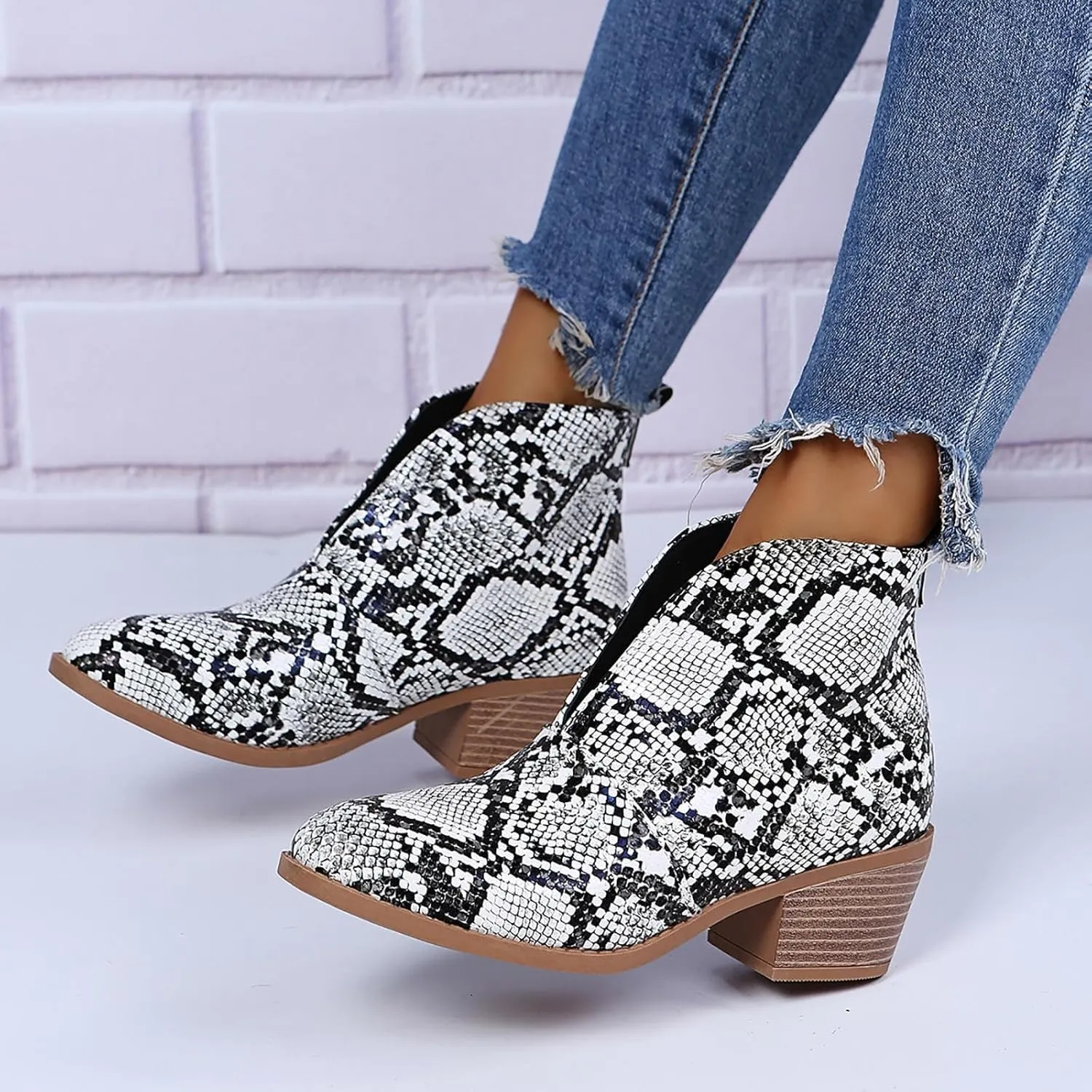 Cathalem Ankle Booties for Women Low Heel,Womens Ankle Boots Pointed Toe Stacked Chunky Heels Tassels Side Zipper Booties