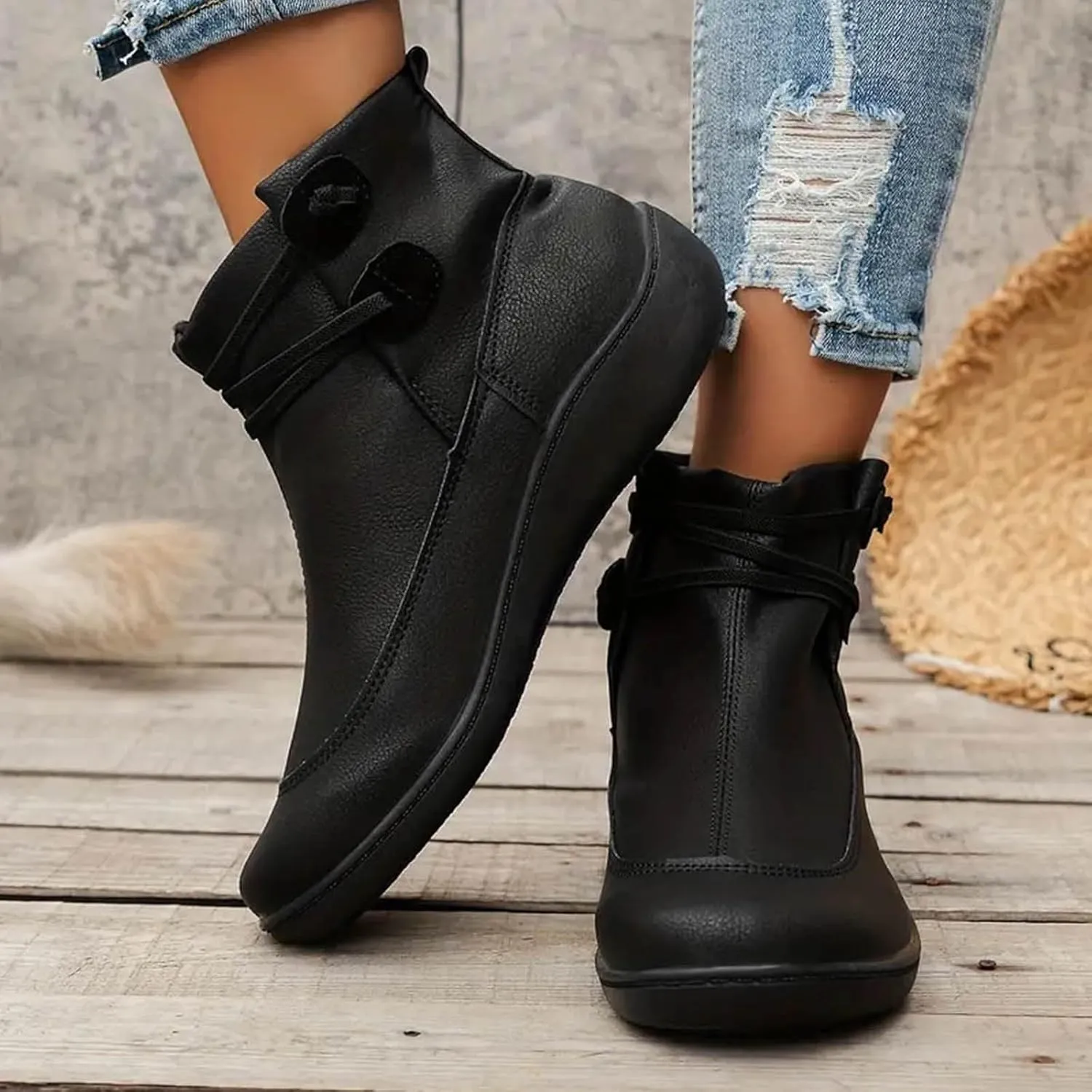 Cathalem Ankle Boots for Women 2024 Wide Calf, Comfy V-Cutout Side Zip Low Heel Ankle Booties, Vintage Leather Hiking Shoes, Pointed Toe Western Short Cowboy Boots, Non-Slip Bootie Fashion