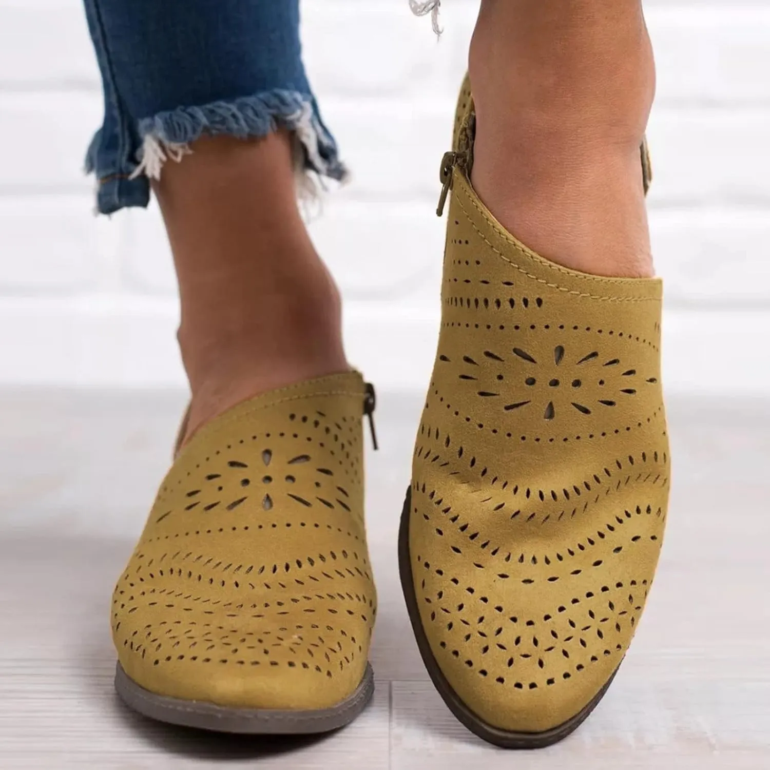 Cathalem Ankle Boots for Women, Casual Slip On Loafers Pointed Toe Chunky Block Low Heel Shoes Cut out Comfy Casual Booties