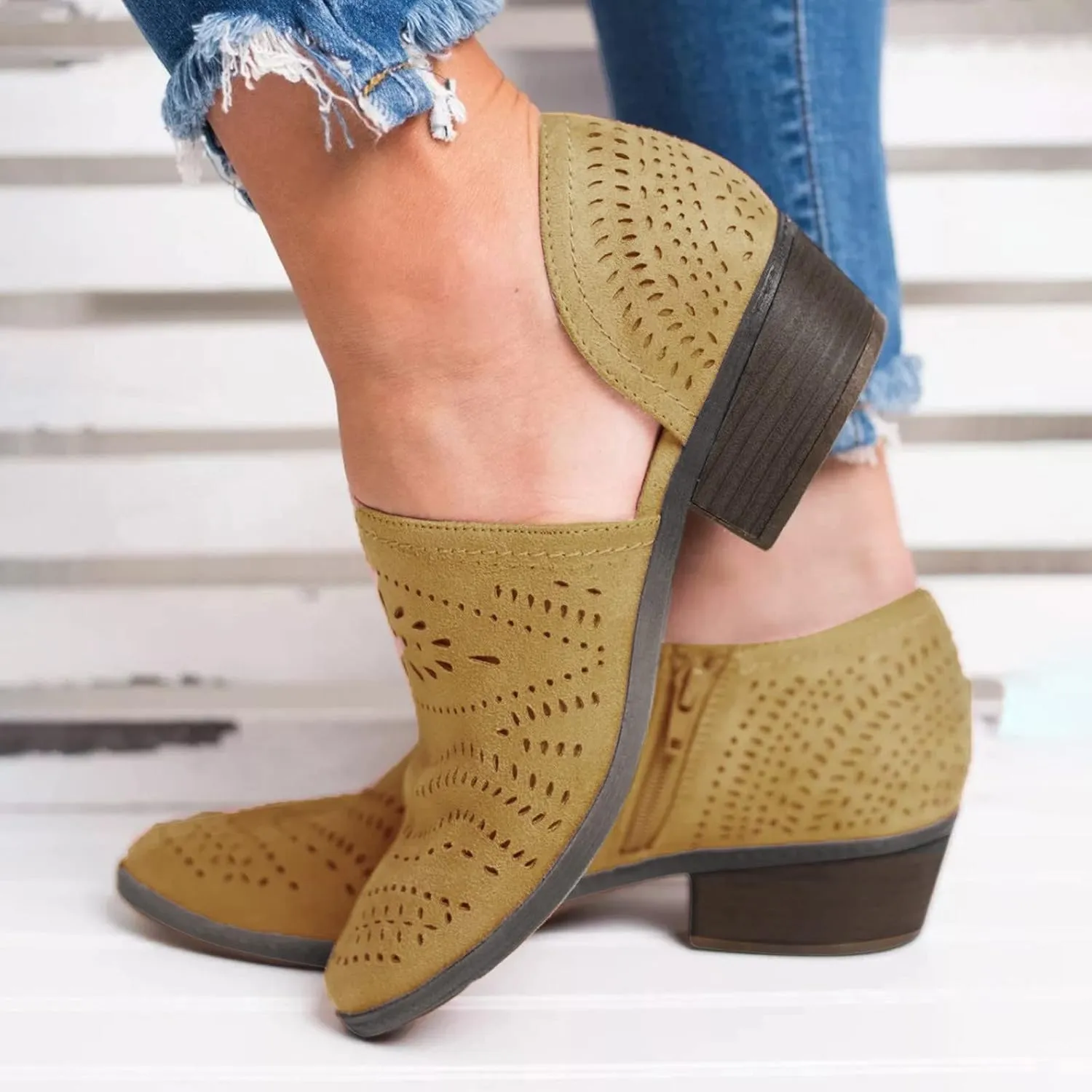 Cathalem Ankle Boots for Women, Casual Slip On Loafers Pointed Toe Chunky Block Low Heel Shoes Cut out Comfy Casual Booties