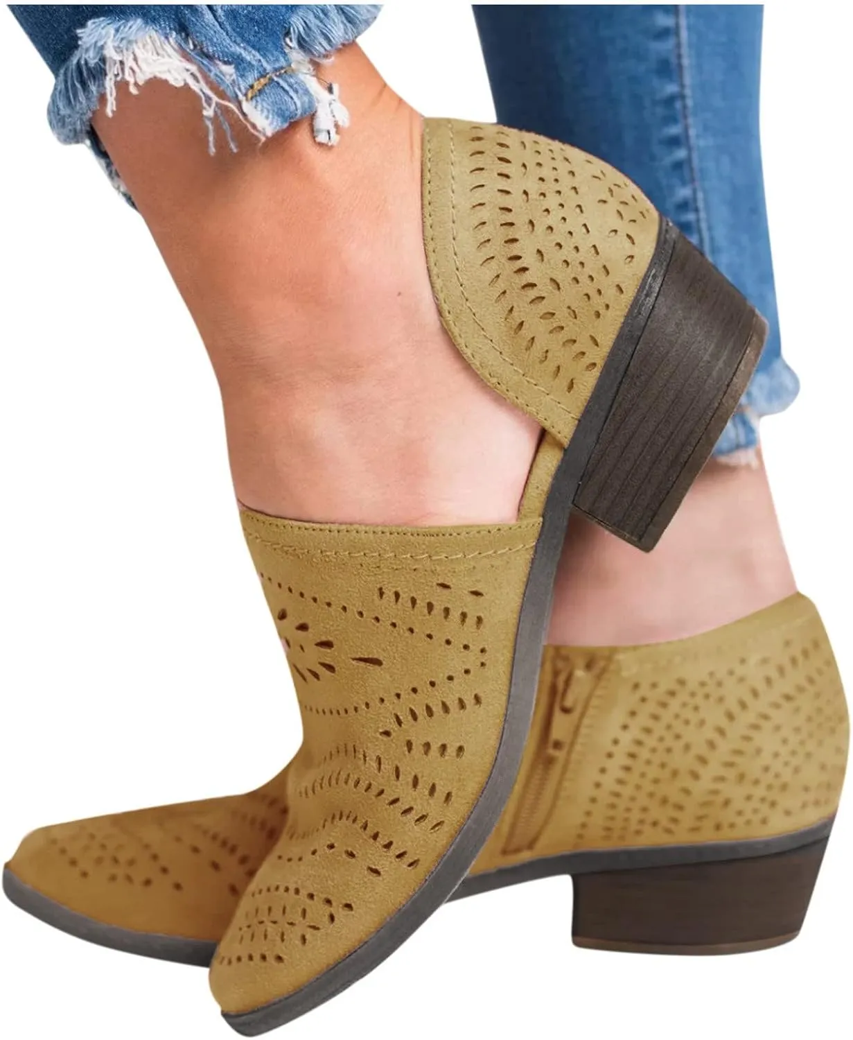 Cathalem Ankle Boots for Women, Casual Slip On Loafers Pointed Toe Chunky Block Low Heel Shoes Cut out Comfy Casual Booties