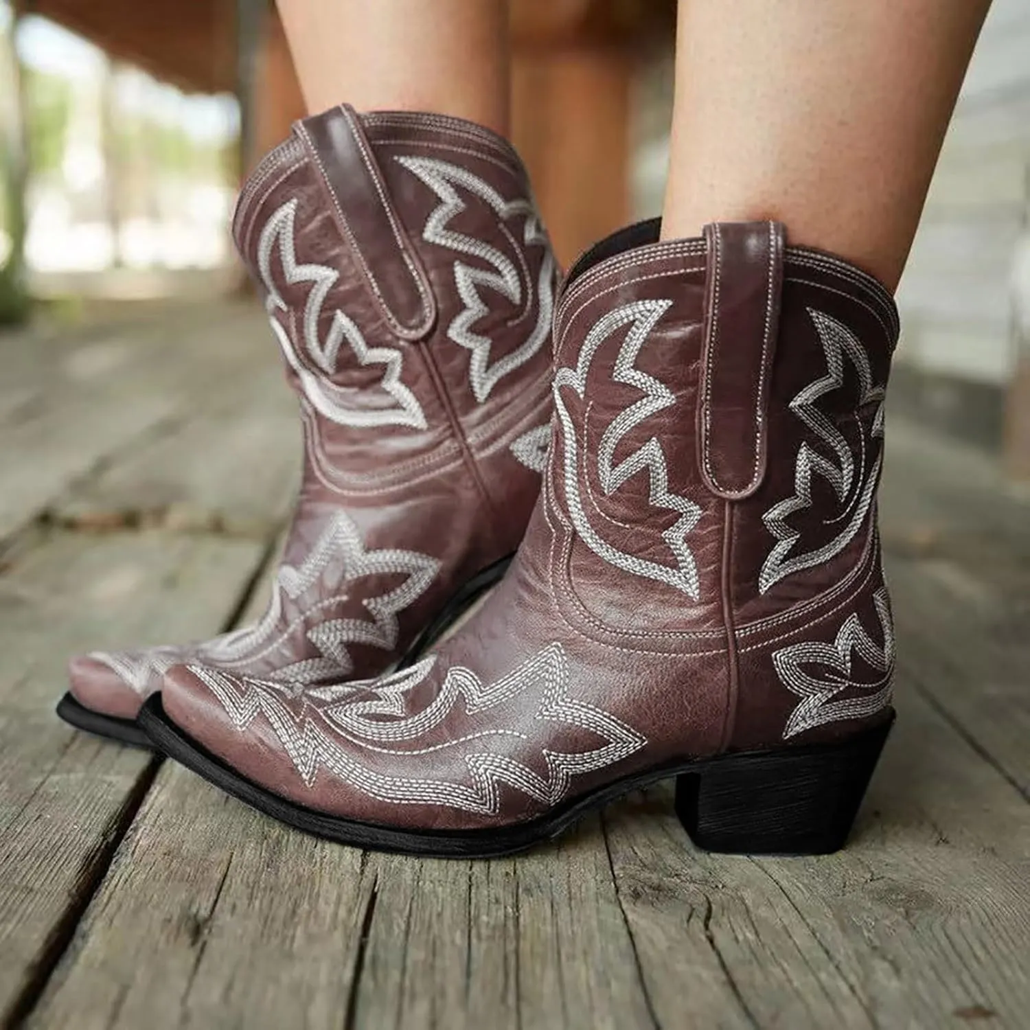 Cathalem Cowboy Boots for Women Short Cowgirl Boots Stitched Embroidered Ankle Boots Pointed Toe Low Heel Western Booties