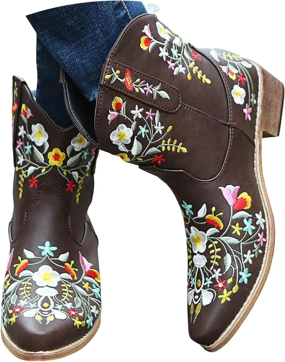 Cathalem Cowboy Boots for Women Western Cowgirl Ankle Boots Chunky Heel Mid Calf Ankle Boots Pointed Toe Short Booties