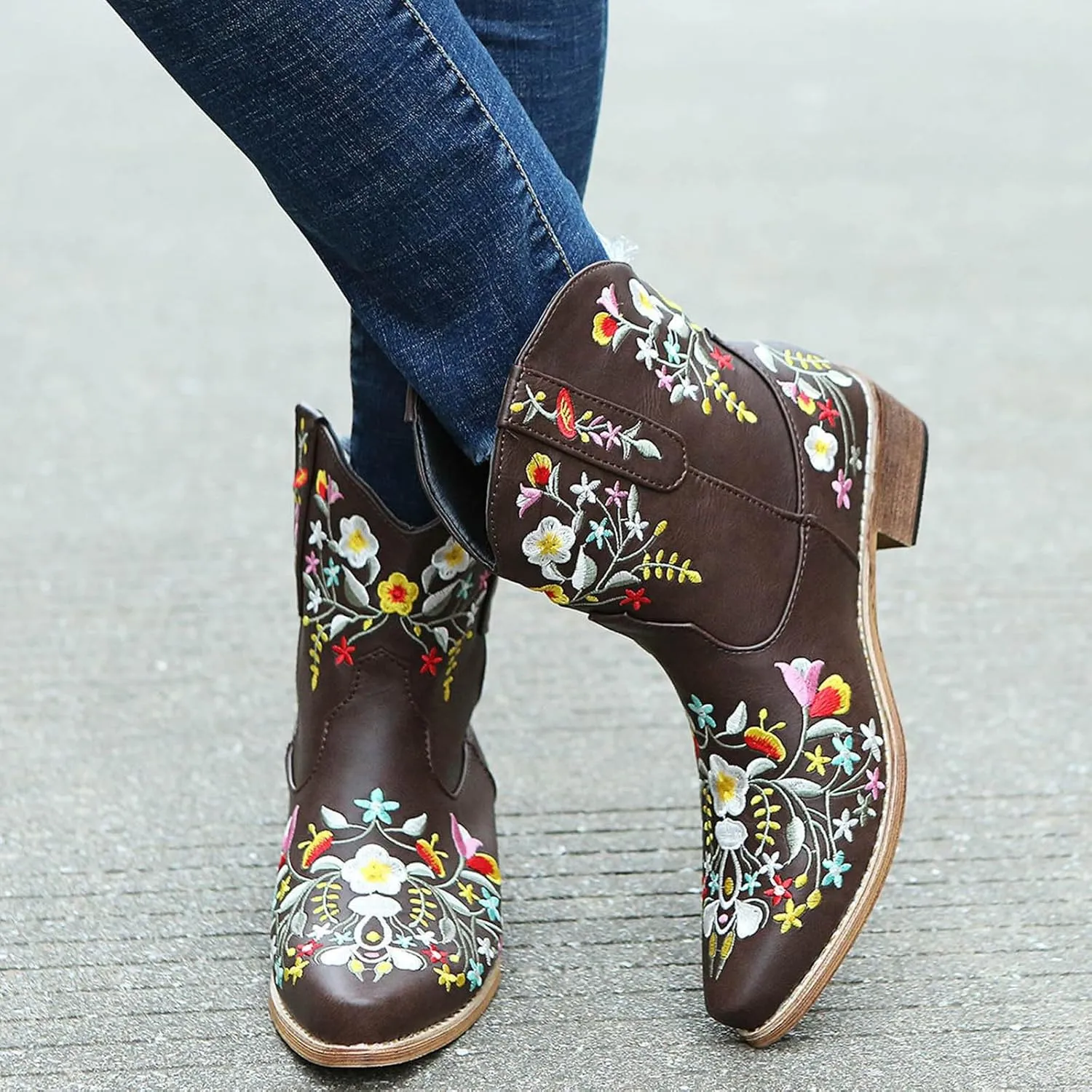 Cathalem Cowboy Boots for Women Western Cowgirl Ankle Boots Chunky Heel Mid Calf Ankle Boots Pointed Toe Short Booties