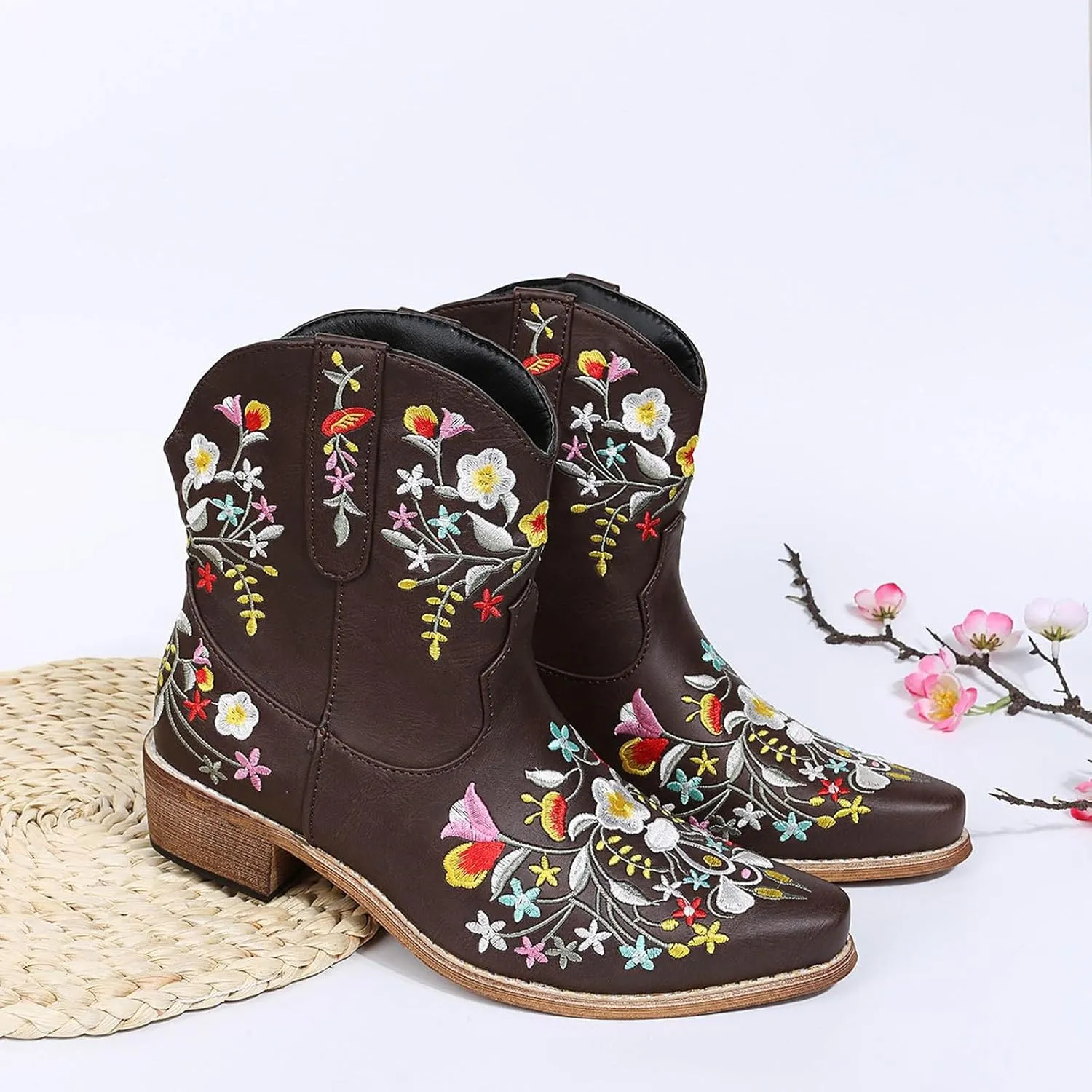 Cathalem Cowboy Boots for Women Western Cowgirl Ankle Boots Chunky Heel Mid Calf Ankle Boots Pointed Toe Short Booties