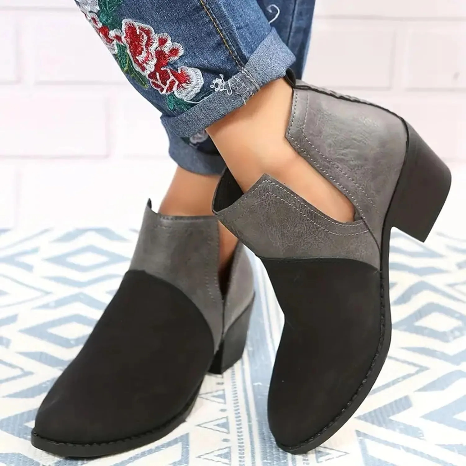 Cathalem Womens Ankle Boots, Ankle Booties for Women V Cut Slip on Ankle Boots Chunky Pointed Toe Cutout Low Heel Shoes