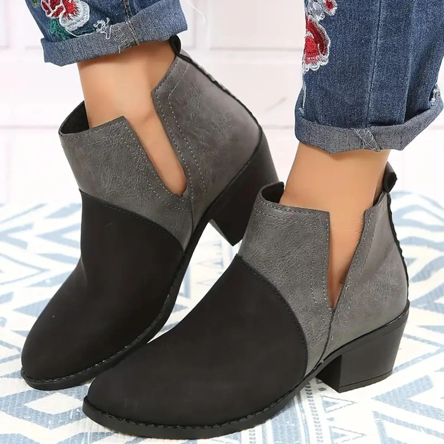 Cathalem Womens Ankle Boots, Ankle Booties for Women V Cut Slip on Ankle Boots Chunky Pointed Toe Cutout Low Heel Shoes