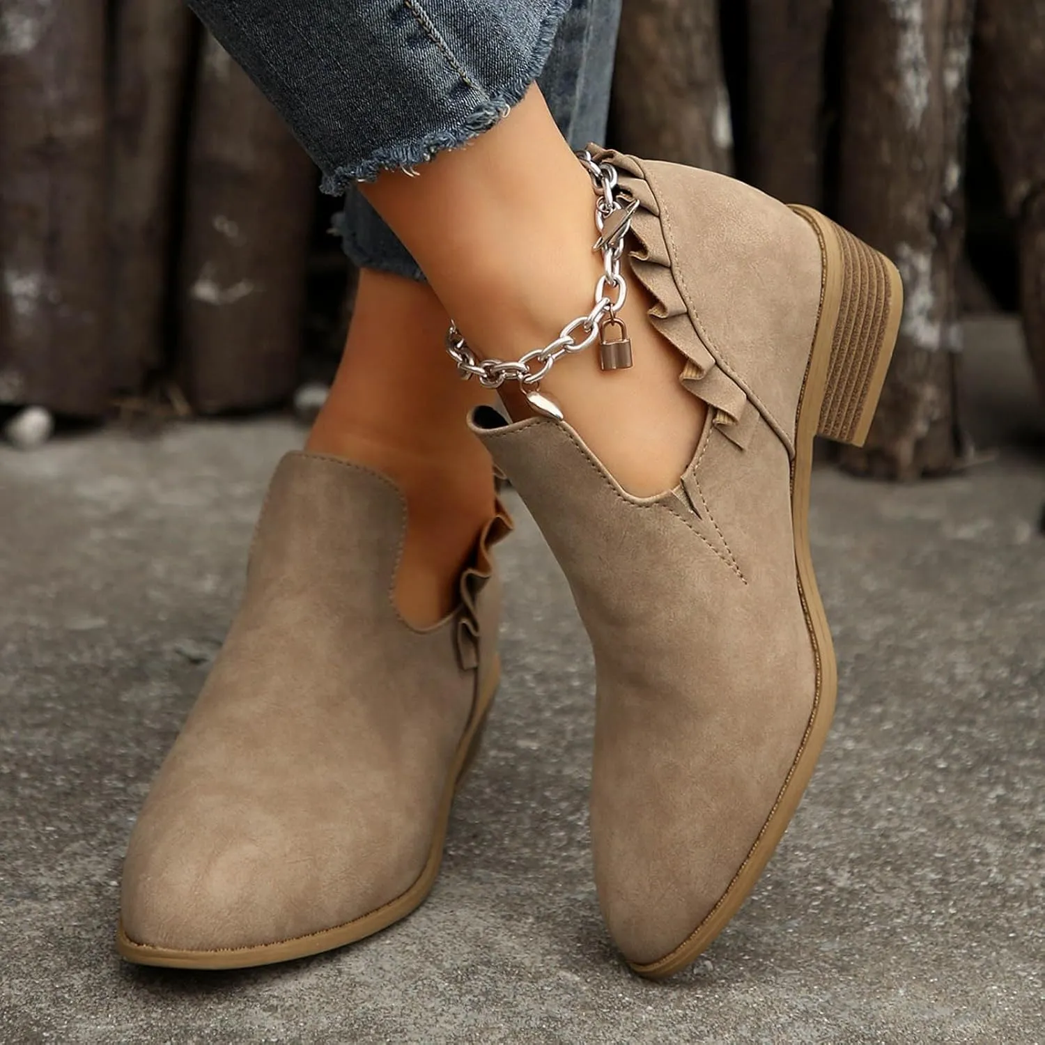 Cathalem Women's Ankle Boots Low Heels Chunky Cutout Booties Perforated Western Shoes Low Heel Arch Support Boots