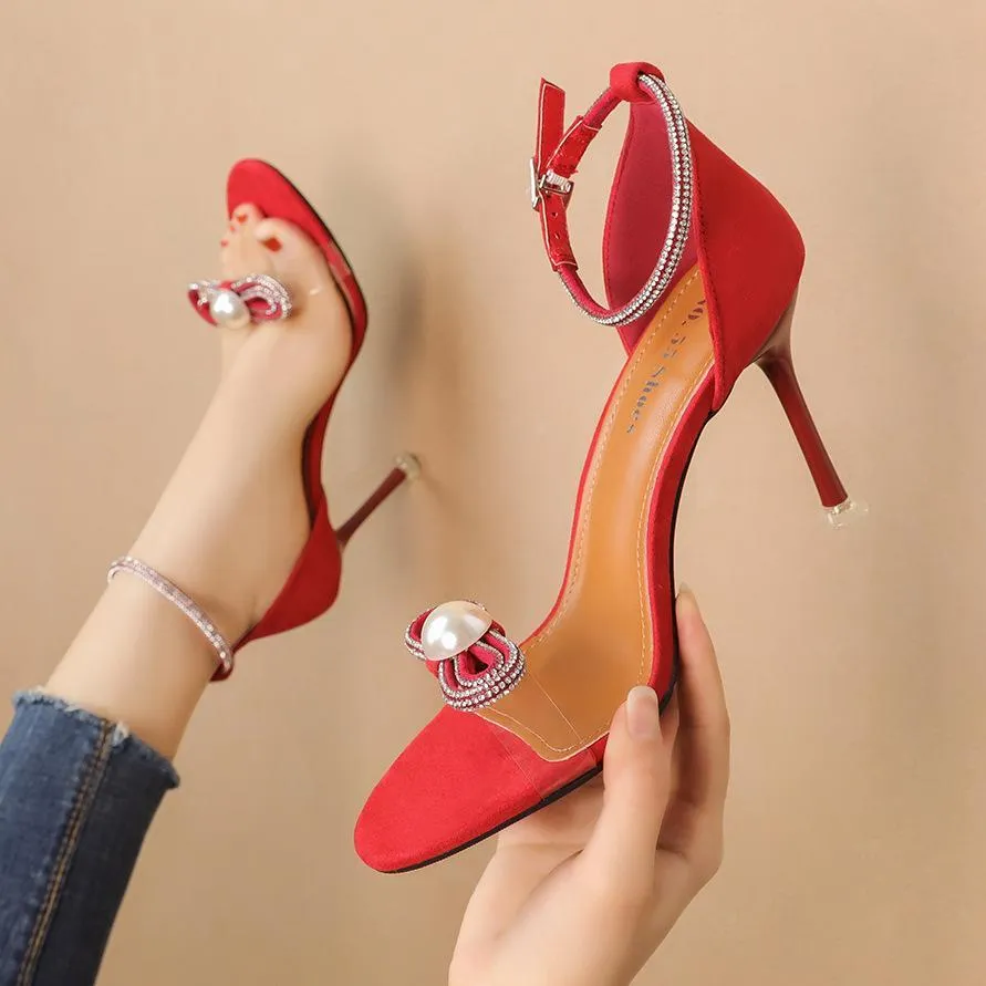 Chicvane Pearl Rhinestone Open Toe Stiletto Heel Sandals Bridal Shoes