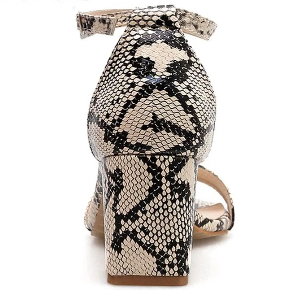 Chicvane Snakeskin Print Buckle Closure Chunky Heel Sandals Rome Heels