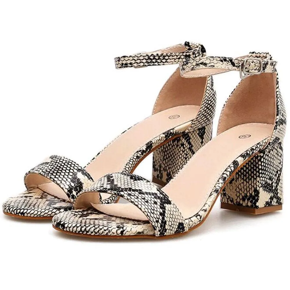 Chicvane Snakeskin Print Buckle Closure Chunky Heel Sandals Rome Heels