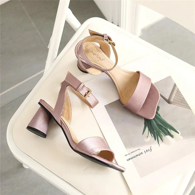 Chicvane Square Toe Buckle Closure Chunky Heel Sandals Dress Heels