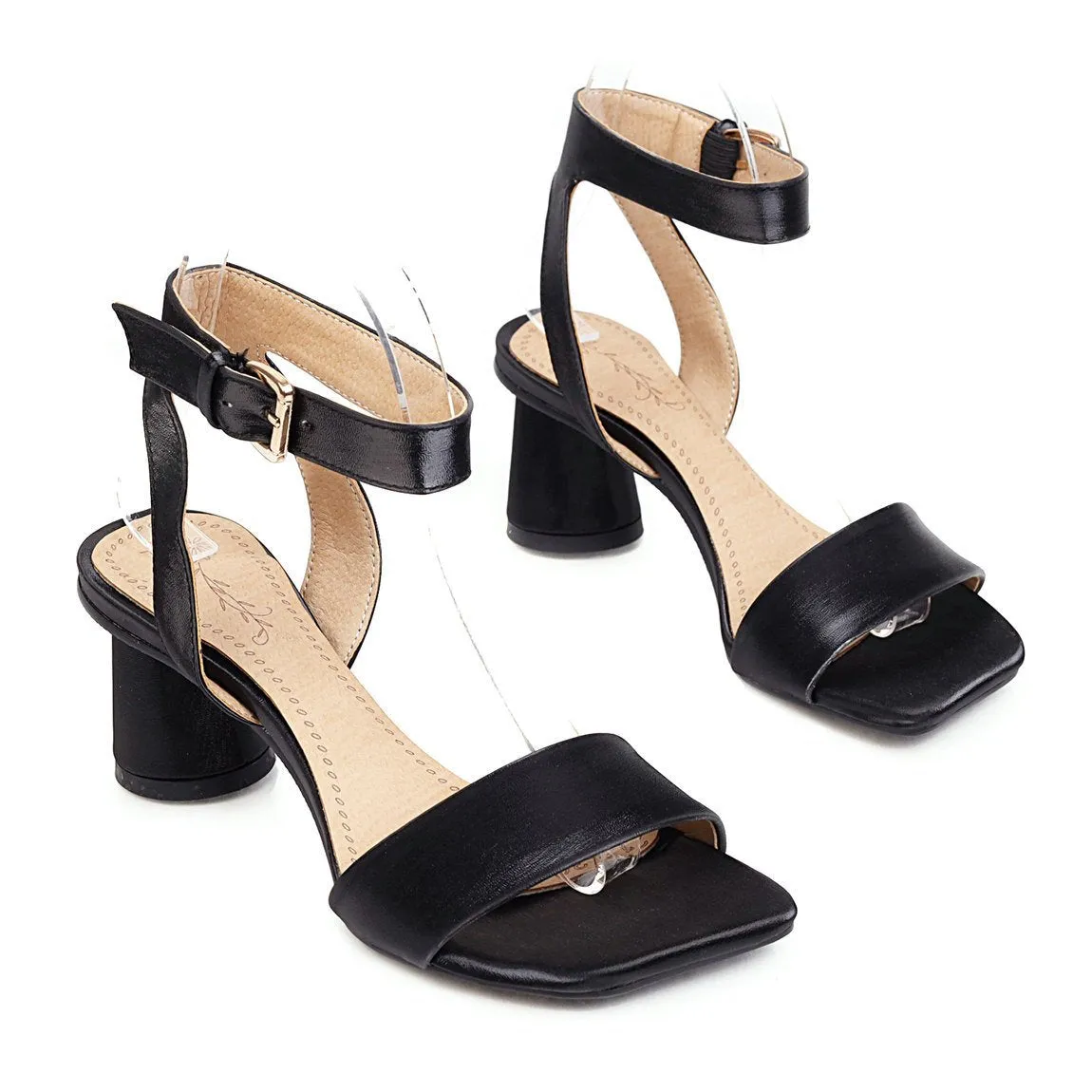 Chicvane Square Toe Buckle Closure Chunky Heel Sandals Dress Heels