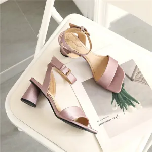 Chicvane Square Toe Buckle Closure Chunky Heel Sandals Dress Heels
