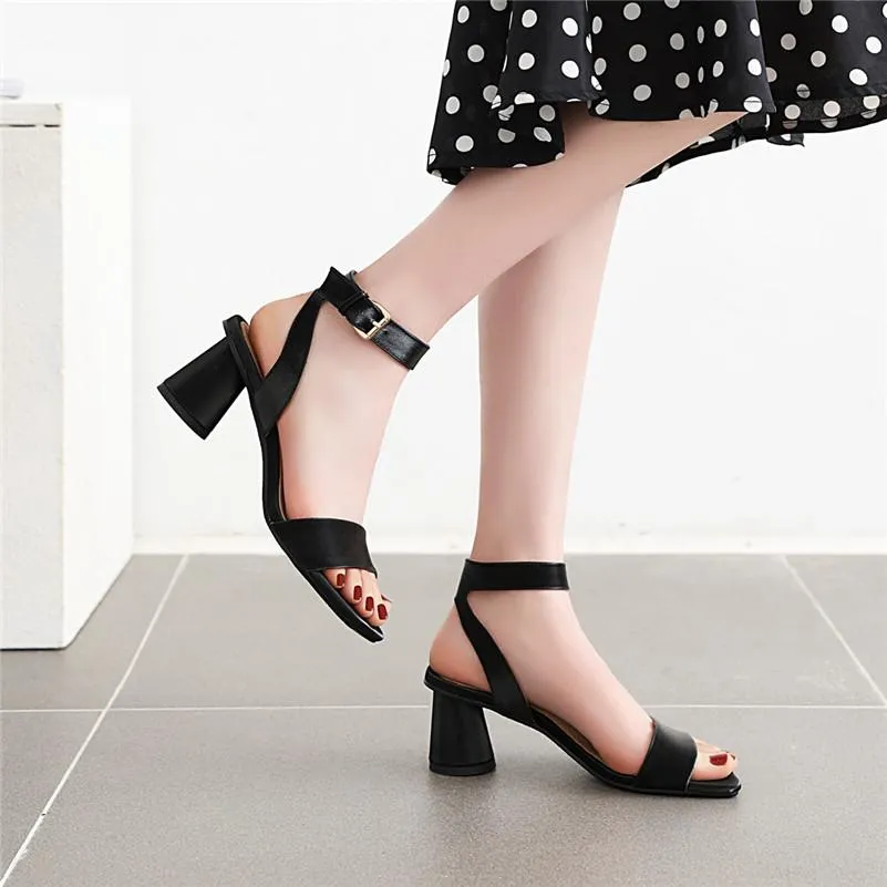Chicvane Square Toe Buckle Closure Chunky Heel Sandals Dress Heels