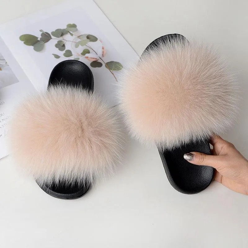 Chicvane Women's Solid Color Women's Solid Color Fox Fur Open Toe Fluffy Slide On House SlippersOpen Toe Fluffy Slide Sleeper