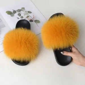 Chicvane Women's Solid Color Women's Solid Color Fox Fur Open Toe Fluffy Slide On House SlippersOpen Toe Fluffy Slide Sleeper
