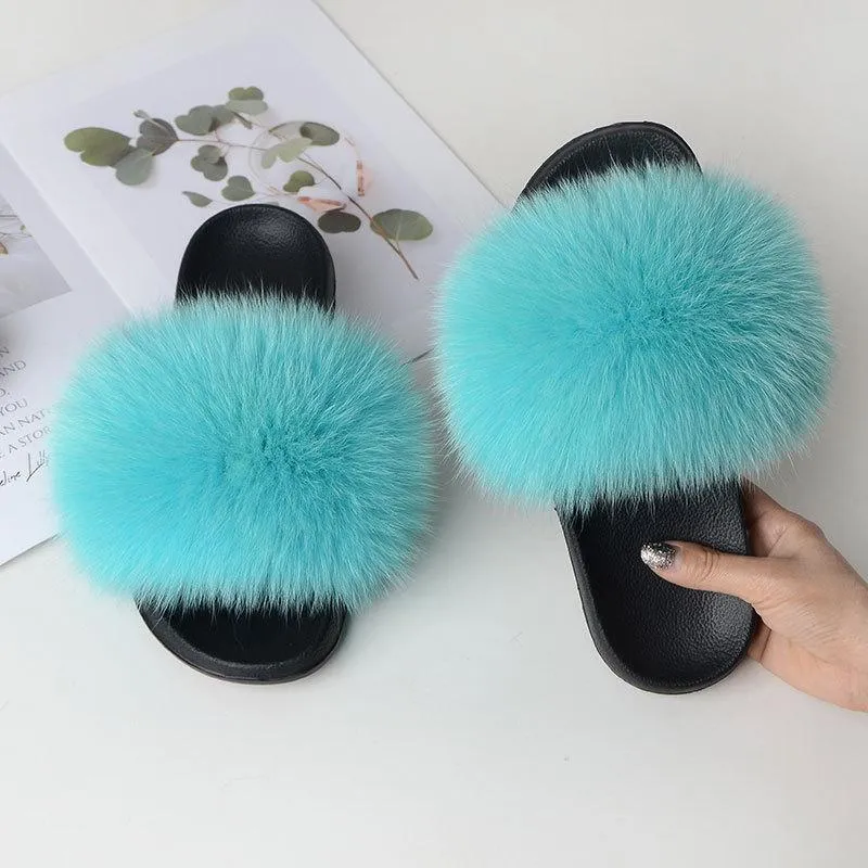 Chicvane Women's Solid Color Women's Solid Color Fox Fur Open Toe Fluffy Slide On House SlippersOpen Toe Fluffy Slide Sleeper