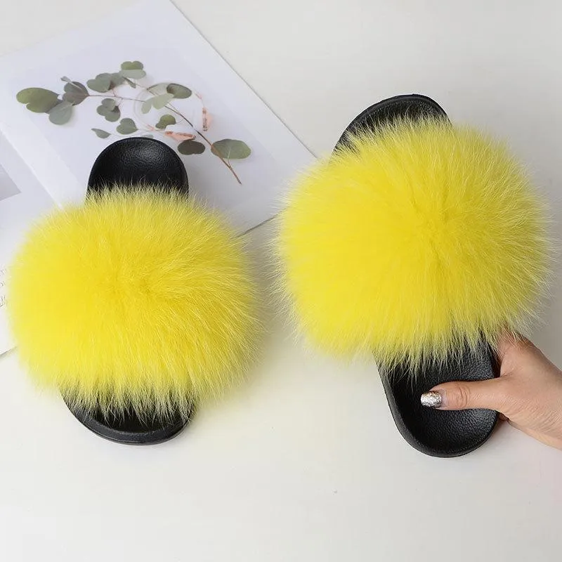 Chicvane Women's Solid Color Women's Solid Color Fox Fur Open Toe Fluffy Slide On House SlippersOpen Toe Fluffy Slide Sleeper