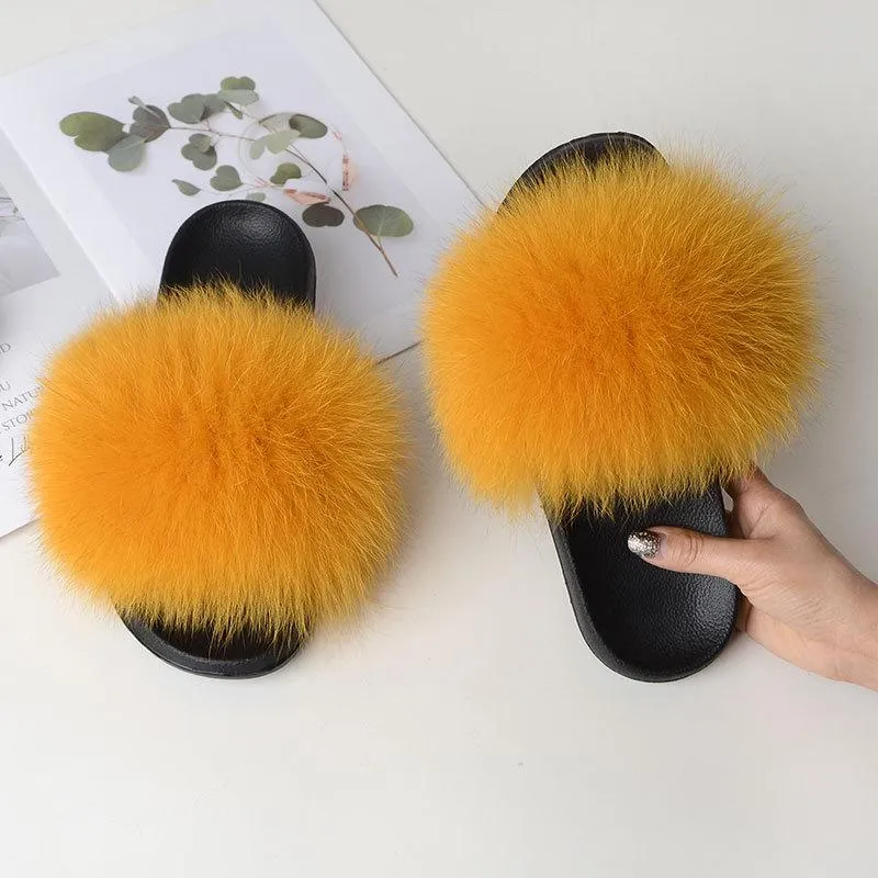 Chicvane Women's Solid Color Women's Solid Color Fox Fur Open Toe Fluffy Slide On House SlippersOpen Toe Fluffy Slide Sleeper