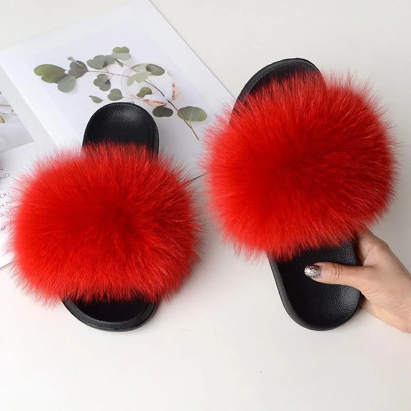 Chicvane Women's Solid Color Women's Solid Color Fox Fur Open Toe Fluffy Slide On House SlippersOpen Toe Fluffy Slide Sleeper
