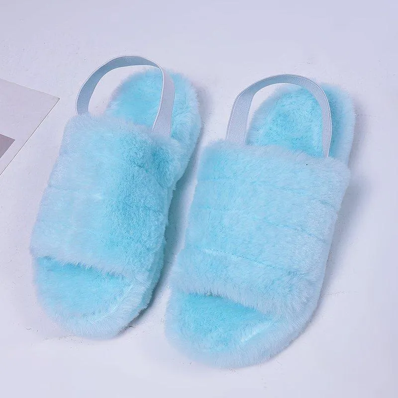 Chicvane Women's Solid Fur Open Toe Fluffy Elastic Strap Slide Sleeper