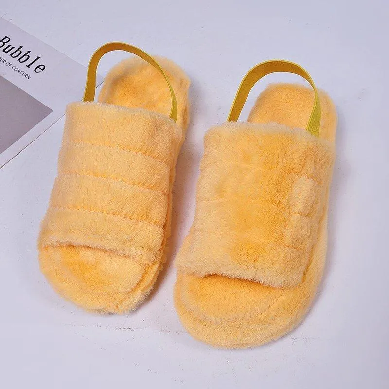 Chicvane Women's Solid Fur Open Toe Fluffy Elastic Strap Slide Sleeper