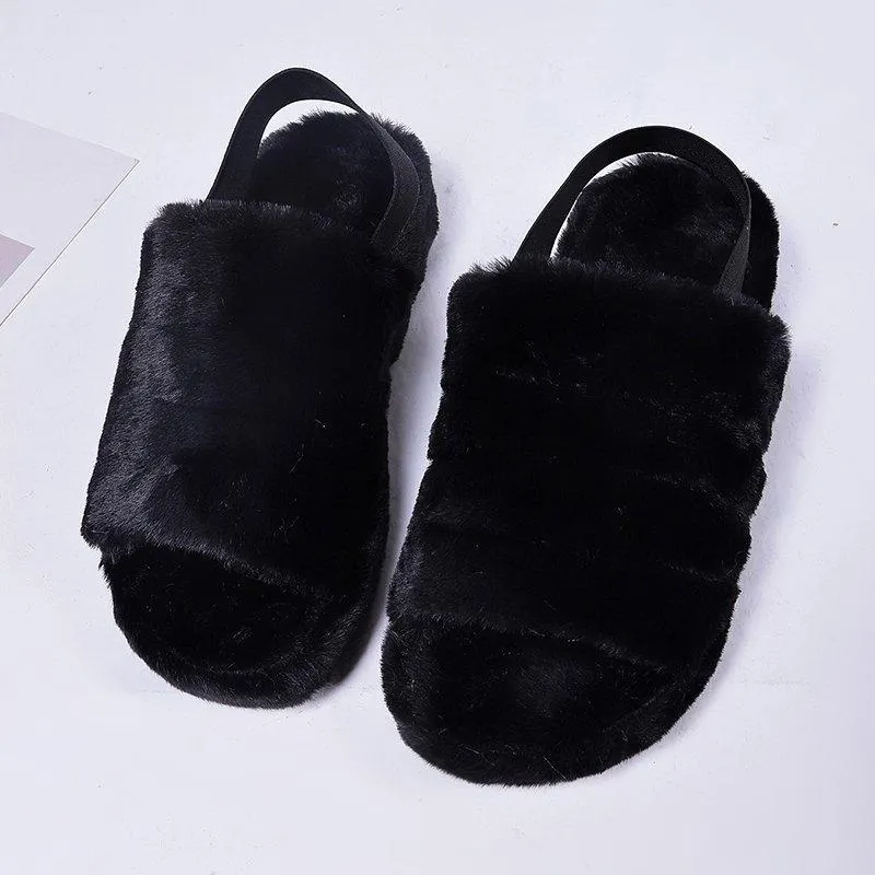 Chicvane Women's Solid Fur Open Toe Fluffy Elastic Strap Slide Sleeper