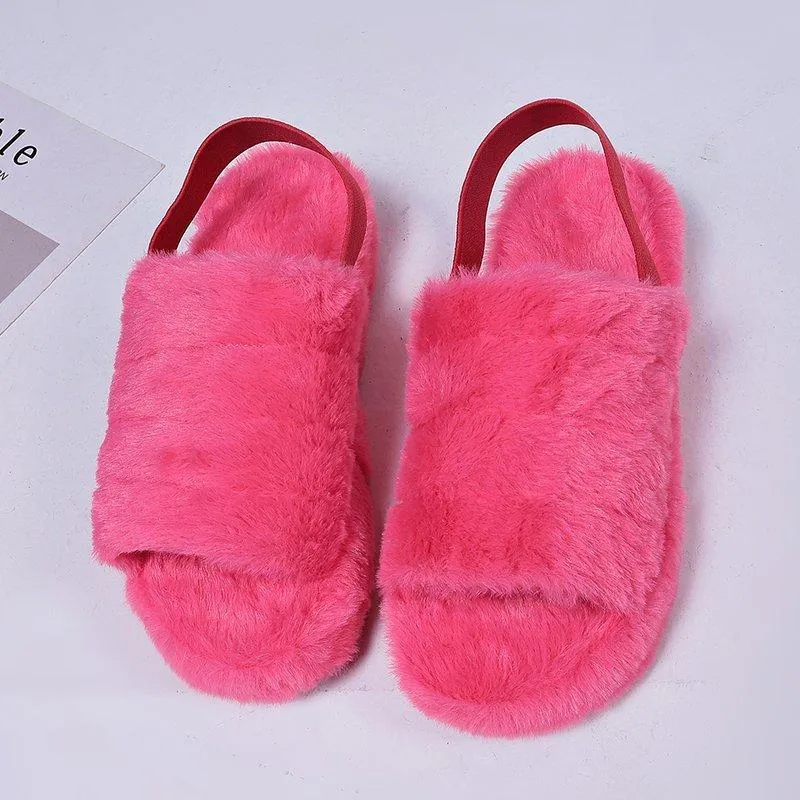 Chicvane Women's Solid Fur Open Toe Fluffy Elastic Strap Slide Sleeper