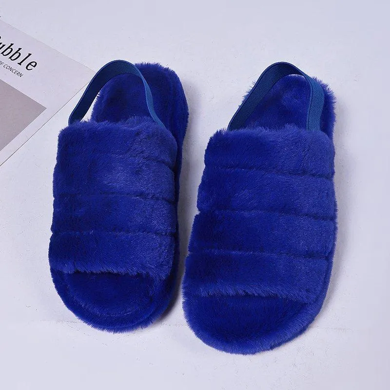 Chicvane Women's Solid Fur Open Toe Fluffy Elastic Strap Slide Sleeper