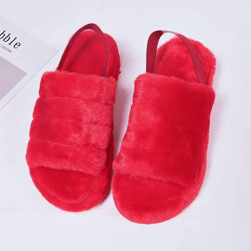 Chicvane Women's Solid Fur Open Toe Fluffy Elastic Strap Slide Sleeper