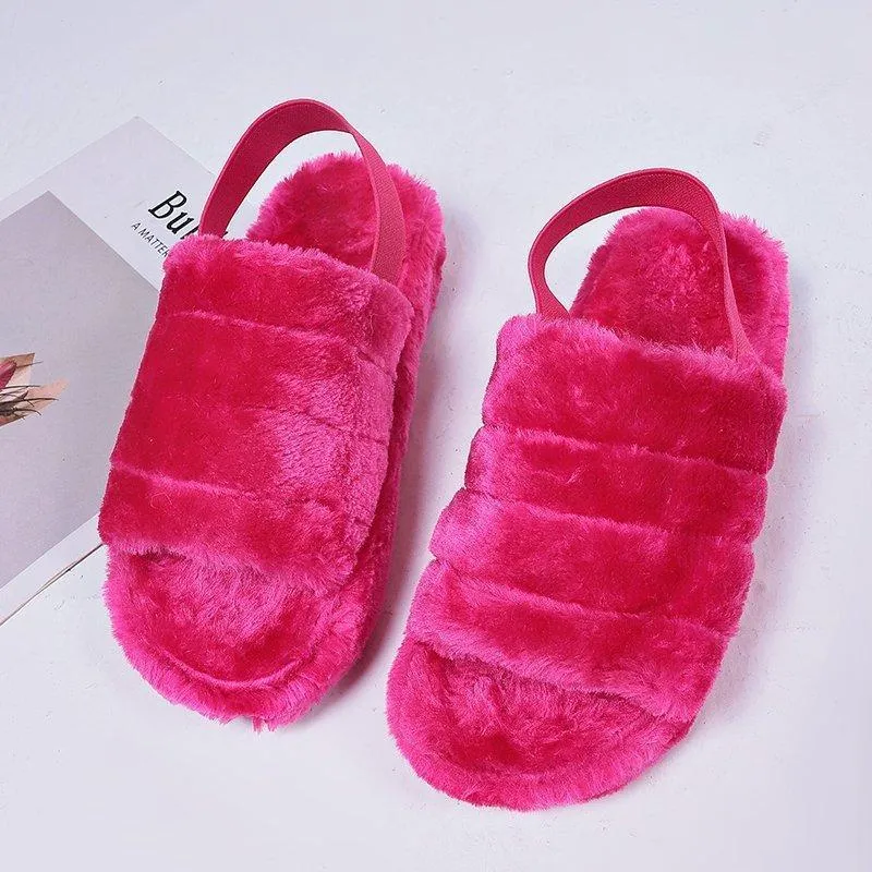 Chicvane Women's Solid Fur Open Toe Fluffy Elastic Strap Slide Sleeper