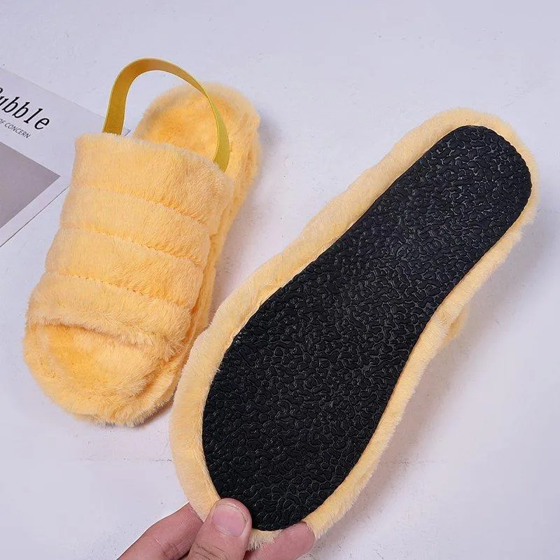 Chicvane Women's Solid Fur Open Toe Fluffy Elastic Strap Slide Sleeper