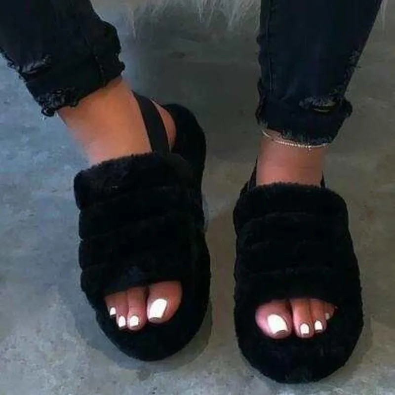 Chicvane Women's Solid Fur Open Toe Fluffy Elastic Strap Slide Sleeper