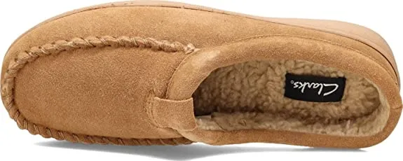 Clarks Cognac Suede Moccasin Faux Fur Lining Slip On Indoor Outdoor Clog Slipper