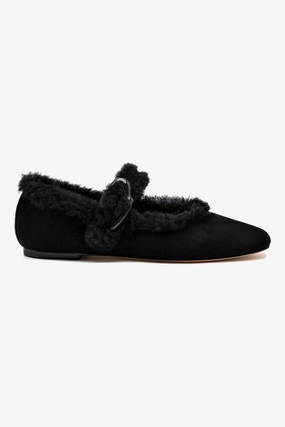 Verona Ballet Flat In Black Suede And Black Shearling Beach Step Village Mood