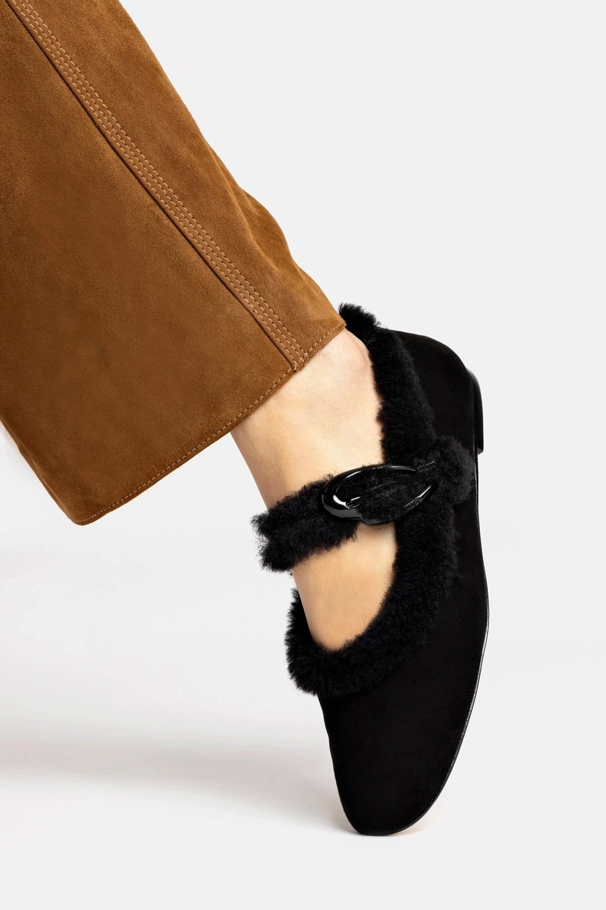 Verona Ballet Flat In Black Suede And Black Shearling Trendy Appearance Anti Skid