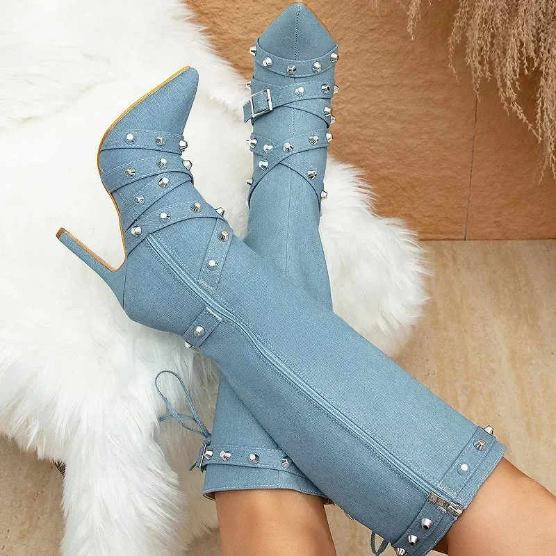 Denim Rivet Belt Buckle Knee-High Boots