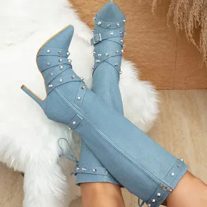 Denim Rivet Belt Buckle Knee-High Boots