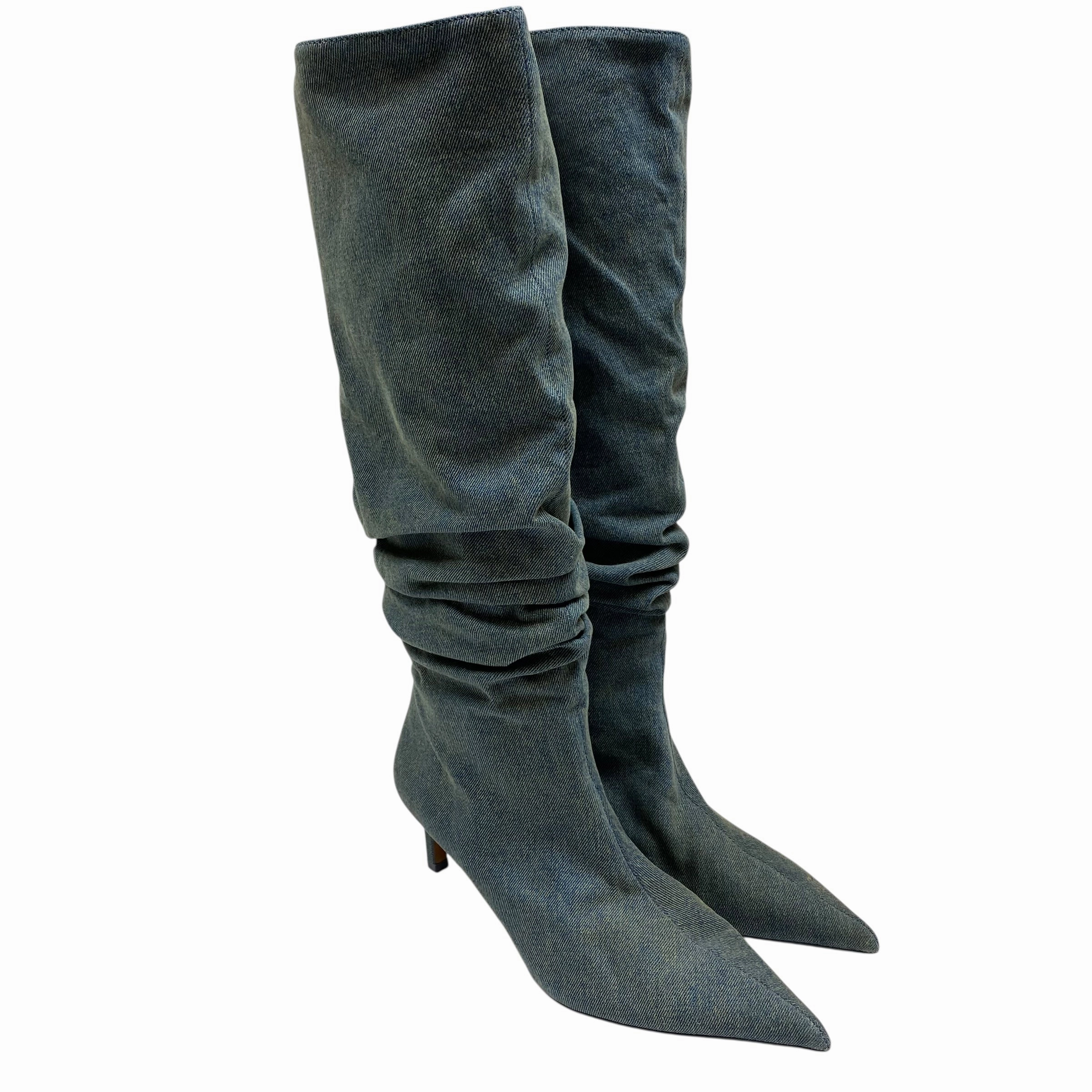 Boots Knee Heels By Zara In Blue Denim, Size:6.5 Rain Terrain Noise Reducing Heel