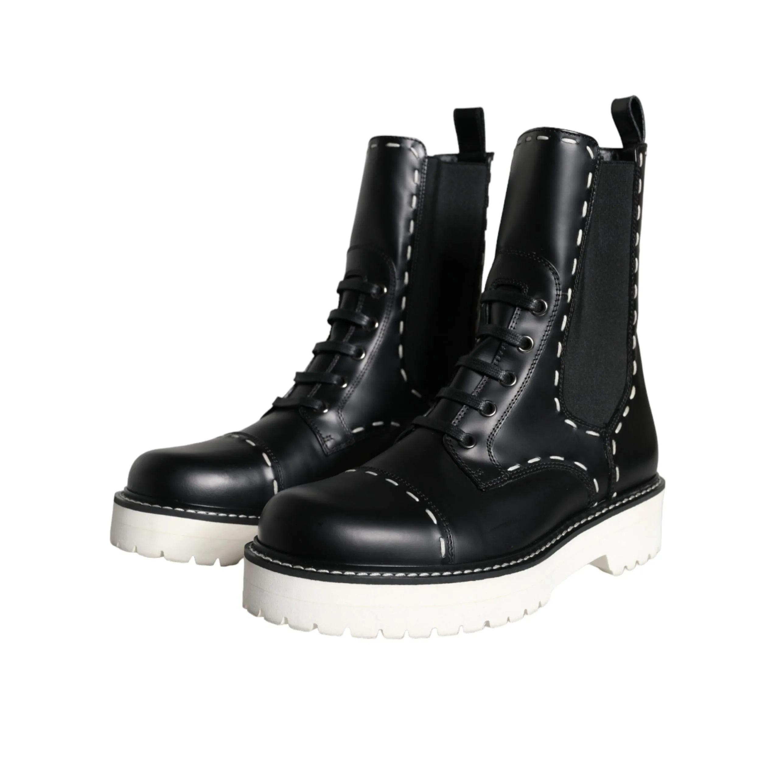 Dolce & Gabbana Black Leather Combat Mid Calf Boots Shoes