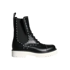 Dolce & Gabbana Black Leather Combat Mid Calf Boots Shoes